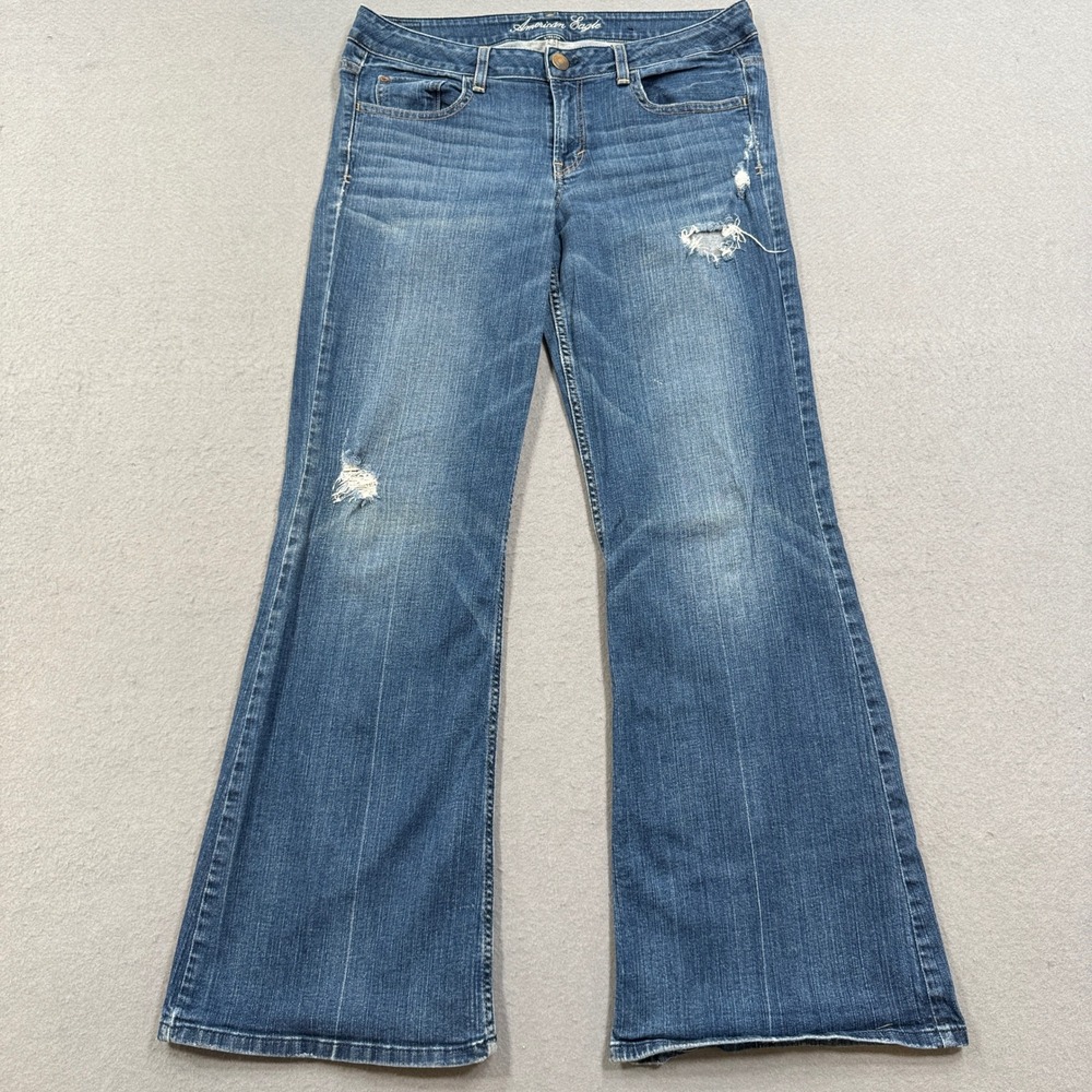 Y2K American Eagle Flare Jeans Women's 12 Blue Stretch Low Rise Denim Distressed